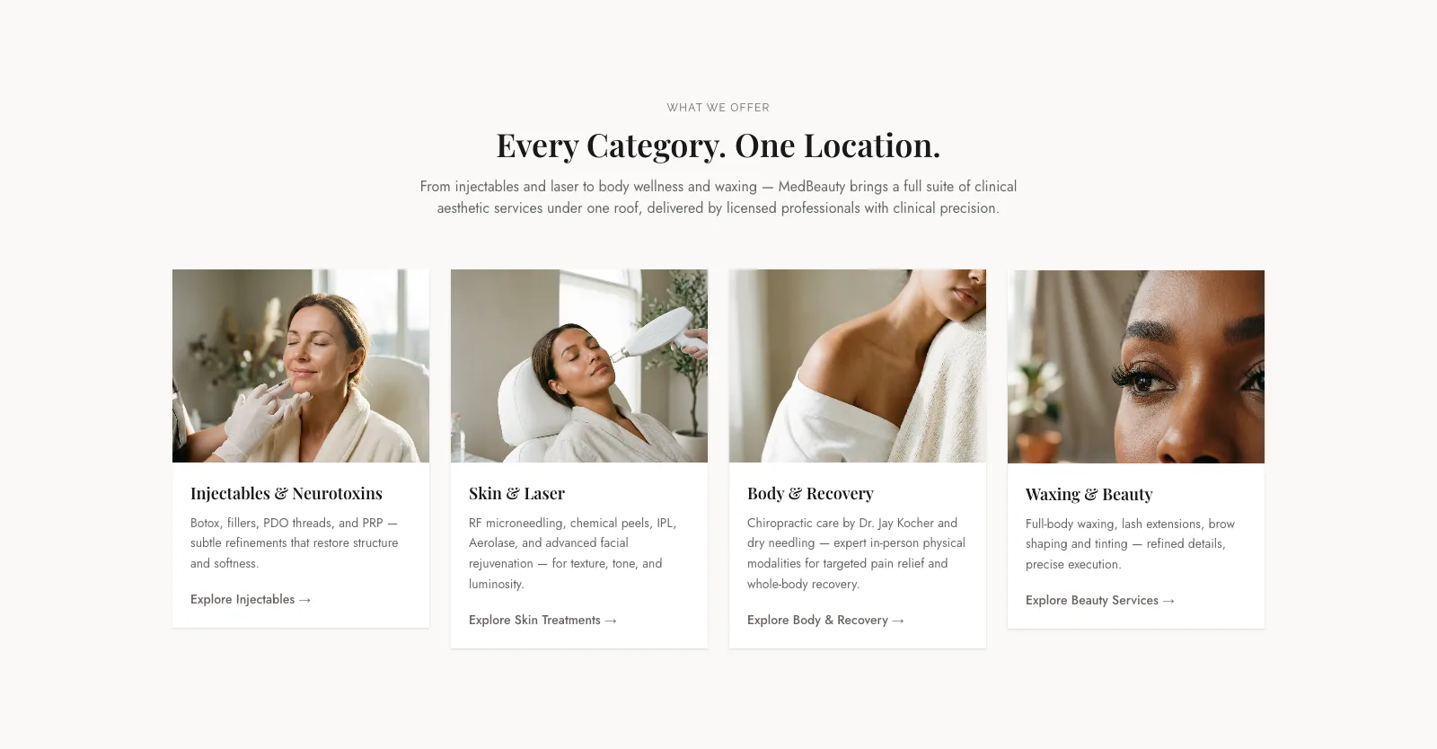 MedBeauty Aesthetics website treatment category grid