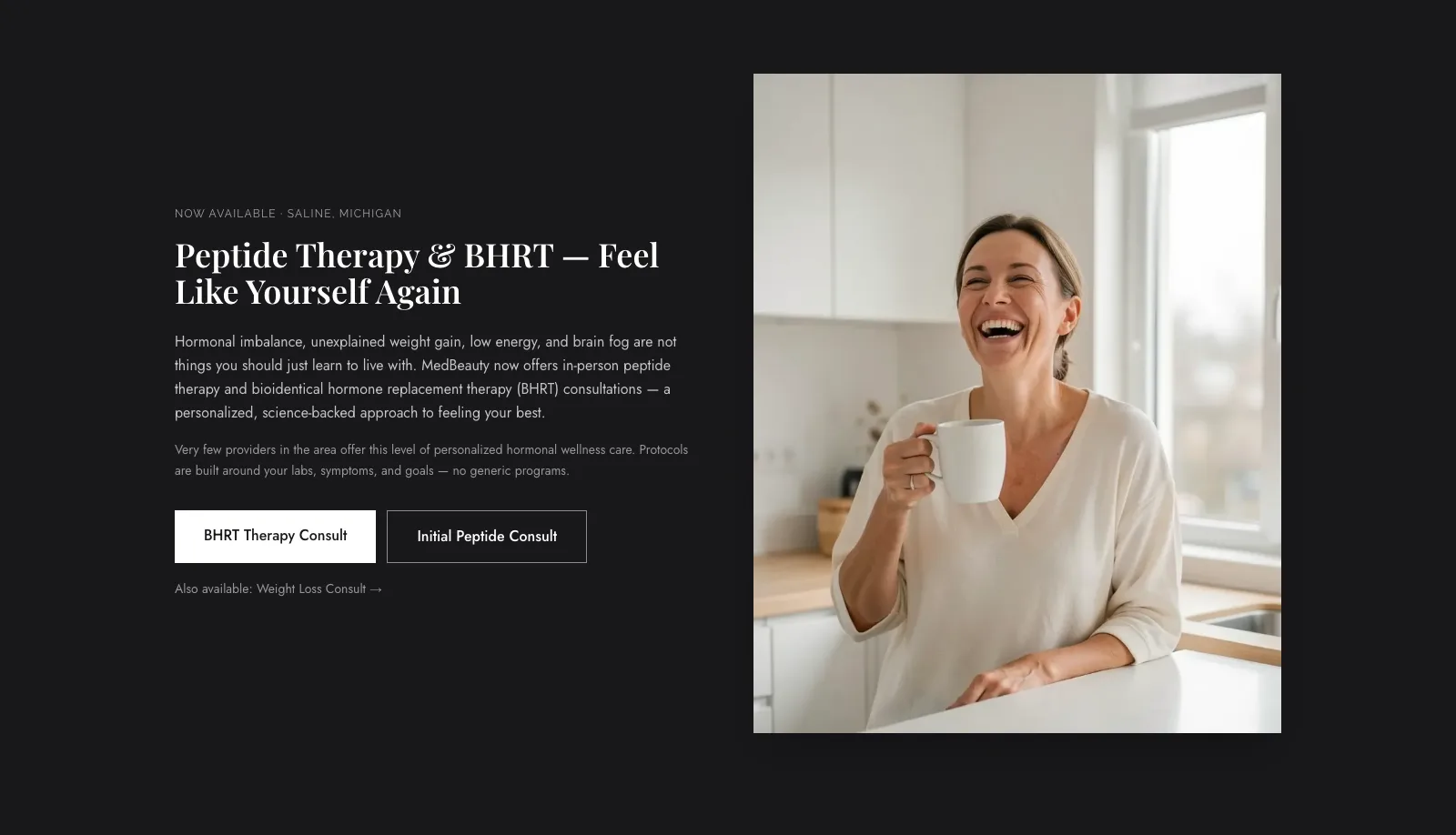 MedBeauty Aesthetics website peptide therapy and BHRT section